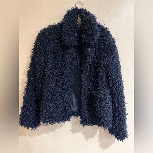 Zara Outerwear Navy Blue Teddy Fluffy Faux Fur Button Down Coat Size XS